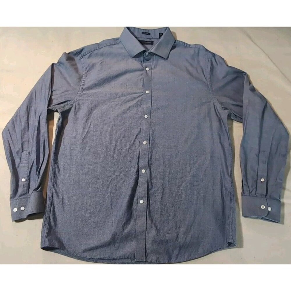 Tommy Hilfiger 17 34/35 Slim Fit Dress Shirt Blue Plaid 100% Cotton Regular Fit